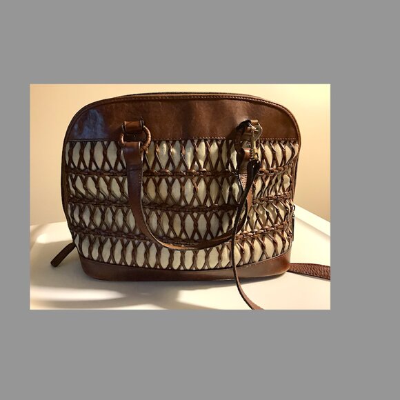 Talbots brown & cream leather and canvas bag - with detachable shoulder strap - Picture 2 of 15